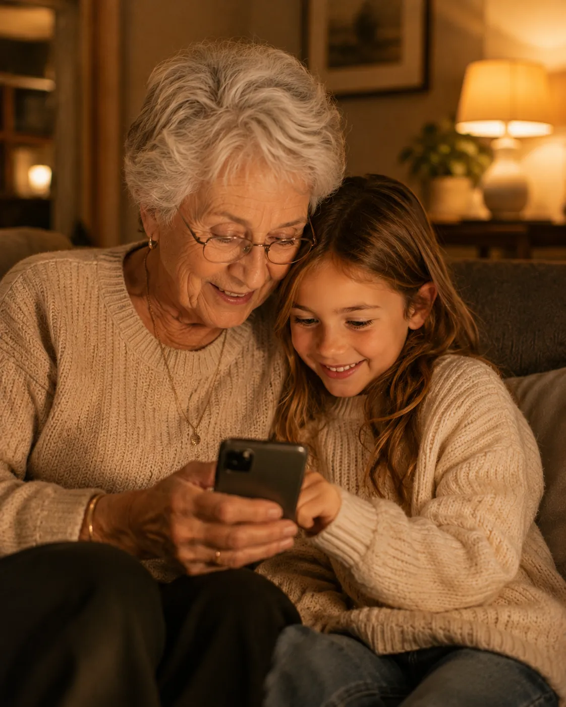 Een oma en haar kleindochter bekijken samen een vraag op een telefoon