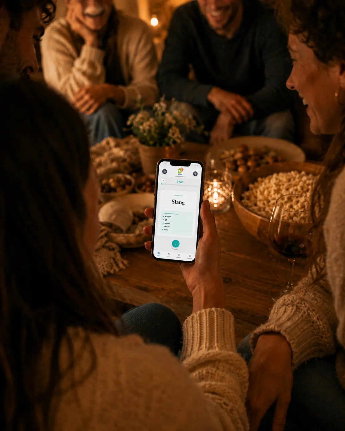 Vrienden gebruiken Link op een telefoon tijdens een avond aan tafel